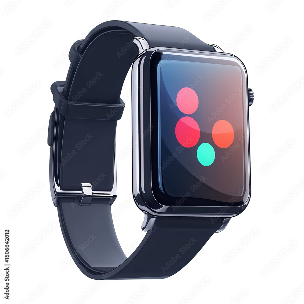 Poster a sleek smartwatch displaying vibrant colorful icons symbolizing modern on transparent background