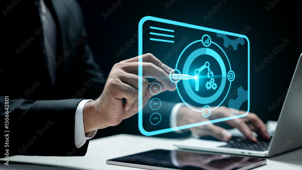 Poster businessman using a laptop while touching a robotic arm and a gear icon. tablet on the table. techno