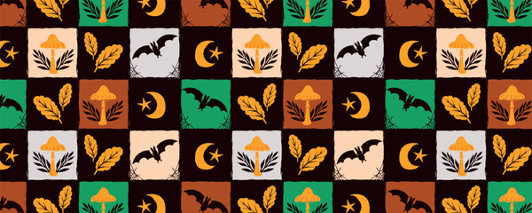 Halloween Seamless Pattern with Silhouettes of Bats, Mushrooms, Leaves, and Crescent Moons in Autumn Colors. Cozy fall design in hand-drawn style perfect for seasonal decor, textiles, stationery, and