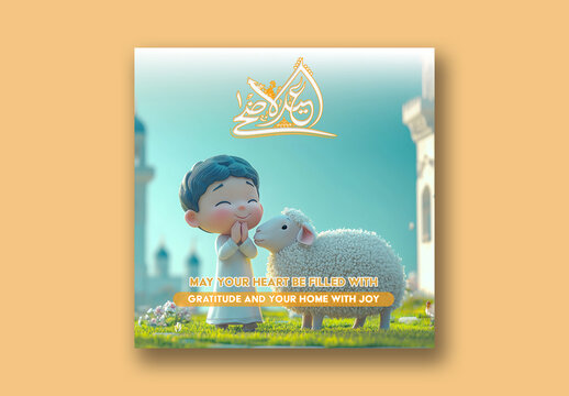 Eid ul-Adha Mubarak Editable Social Media Post with Arabic Calligraphy, 3D Illustration of Muslim Boy Praying and Sheep for Emotional Message of Blessings and Gratitude.