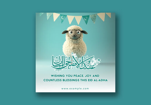 Eid ul-Adha Mubarak Editable Social Media Post, Greeting Card with Arabic Calligraphy and 3D Illustration Sheep.