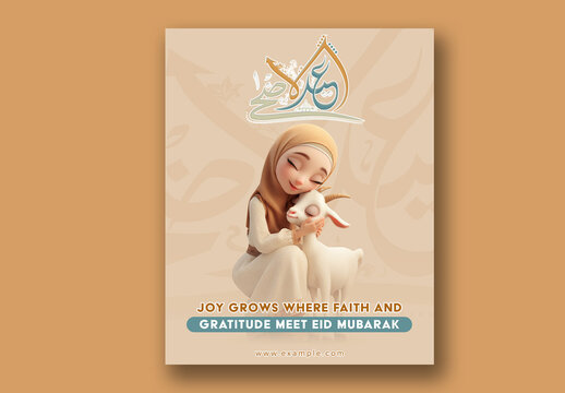 Eid ul-Adha Mubarak Editable Social Media Post with Arabic Calligraphy, 3D Illustration Muslim Woman with Goat.