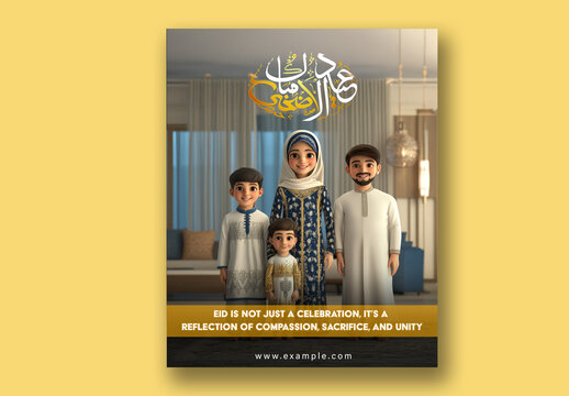 Eid ul-Adha Mubarak Editable Social Media Post with Arabic Calligraphy, 3D Illustration of Muslim Family Celebrating and Sheep in Front of Mosque.