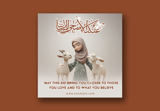 Eid ul-Adha Mubarak Editable Social Media Post with Arabic Calligraphy, 3D Illustration Muslim Woman Holding Two Goat.