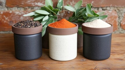 Three stylish jars filled with various spices sit on a wooden surface, complemented by greenery in the background, Ideal for culinary, home d&Atilde;&copy;cor, or cooking blogs,