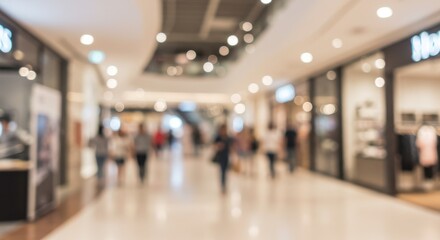 Blurry mall scene Shimmering lights dance above shoppers