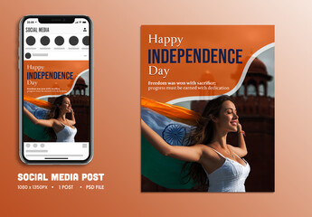 Happy Independence Day Social Media Post with Beautiful Indian Woman Holding National Flag in Front of Red Fort, Editable Design.