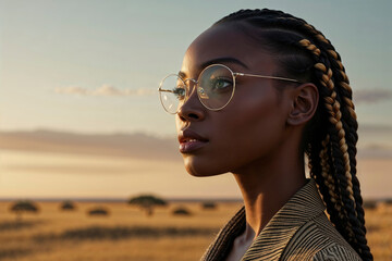 attractive african american model wearing traditional jewelry and eyeglasses posing in savannah at sunset - ai generative image