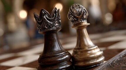 Close-up of black and silver chess pieces on a board in dramatic lighting symbolizing strategic thinking, competition and high-stakes intellectual gameplay perfect for business metaphors and education