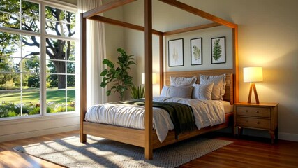 Sunlit bedroom with four-poster bed, wooden furniture, and serene garden view - Powered by Adobe
