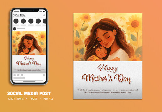 Happy Mother&rsquo;s Day Social Media Tribute Post with Mother Hugging Daughter in Cartoon Style, Editable Design.
