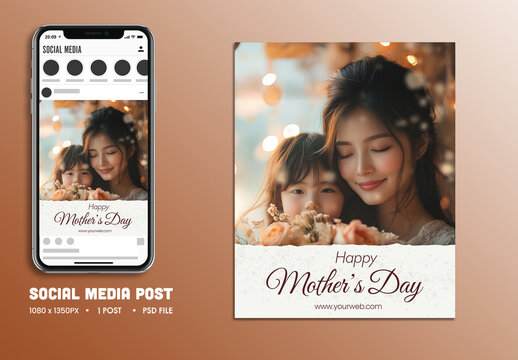 Happy Mother&rsquo;s Day Editable Social Media Post with Asian Mother and Daughter Holding Flower Bouquet Photo.