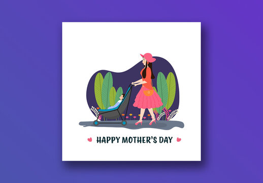 Happy Mother&rsquo;s Day Social Media Post, Stylish Mom with Baby in Stroller Illustration at Garden.