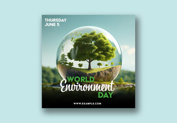 World Environment Day Editable Social Media Post with Tree Inside Glass Ball for Save The Earth Campaign on June 5th.