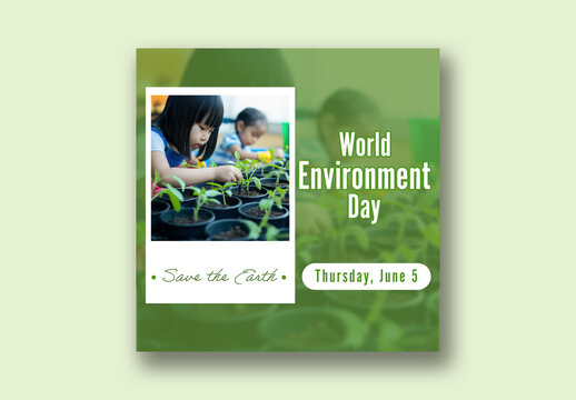 World Environment Day Editable Social Media Post with Asian Girl Planting for Save The Earth Campaign on June 5th.