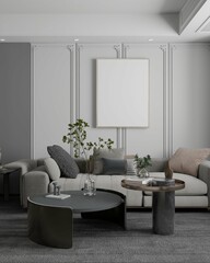 living room of apartment with sofa and empty poster framed on the wall. 3d illustration