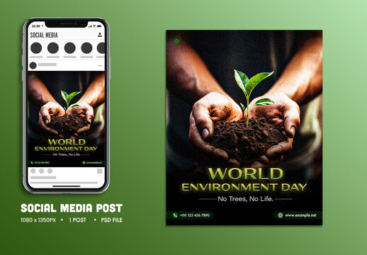World Environment Day Editable Social Media Post with No Trees, No Life Message and Human Hands Holding Plant for Eco-Friendly Awareness Campaign.
