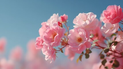Soft focus close-up of blooming pink roses against blue sky in natural sunlight ideal for springtime visuals, romantic greeting cards and floral-themed product backgrounds