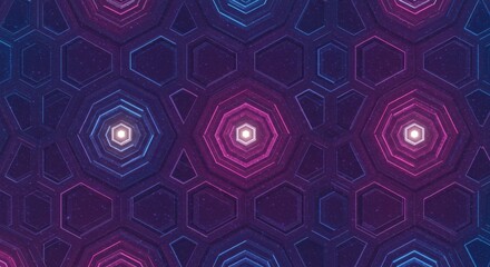 Cosmic Hexagon Hive Neon geometry with radiant cores glows against a deep purple textured backdrop