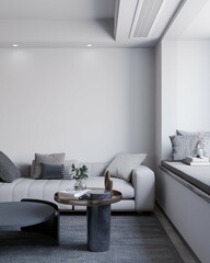 corner living room of apartment with sofa and empty space on the wall. 3d illustration