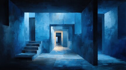 Dreamy surreal interior in shades of deep blue featuring geometric hallways and ambient lighting perfect for conceptual art prints, digital backgrounds and mysterious design themes
