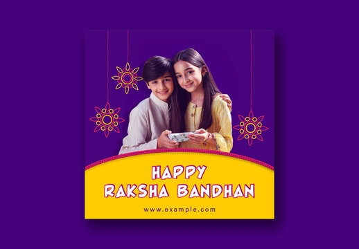 Happy Raksha Bandhan Editable Social Media Post with Smiling Brother and Sister Together Holding a Gift.