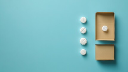 Final Tablet: Isolated Remaining Pill from Empty Cardboard Pack Illustrating Health Deficiency Concept Against Soft Blue Backdrop