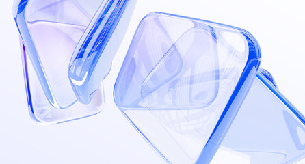 Fototapeta na wymiar Blue glass transparent rectangular shapes flying on white background. Abstract crystal block plates with light purple gradient, glare and motion effect. Geometric hologram wallpaper. 3D illustration
