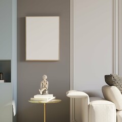 living room of apartment with closeup of poster frame mockup. 3d illustration