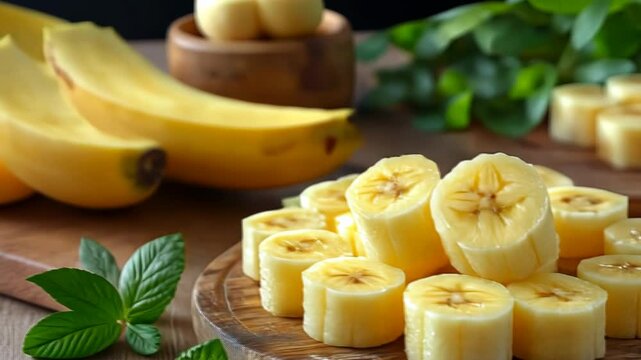 Sliced ripe yellow bananas on a wooden board, with whole bananas and mint in the background