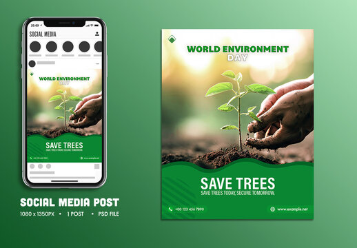 World Environment Day Editable Social Media Post with Save Trees Today, Secure Tomorrow Message for Plantation and Nature Protection Campaign.
