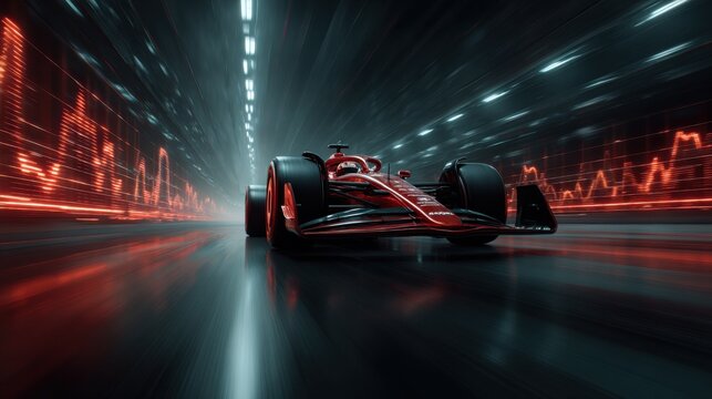 Futuristic red Formula 1 race car speeding in neon tunnel with motion blur and digital pulse graphics perfect for motorsport ads, racing events and technology-themed branding