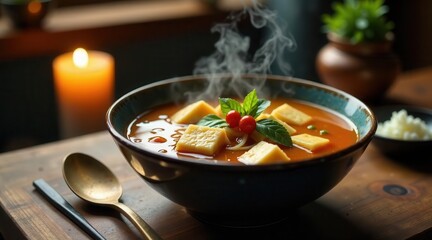 Aromatic Steaming Bowl of Savory Soup with Cubes of Polenta and Fresh Herbs, Garnished with Red Berries, Served on a Rustic Wooden Tabletop with Candlelight in the Background