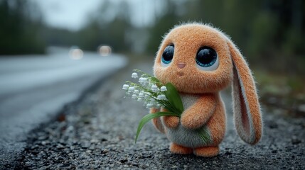 Obraz premium Cute cartoon bunny with big eyes holding lily of the valley flowers standing by roadside in soft rainy weather ideal for children’s stories, emotional animation scenes and spring greetings