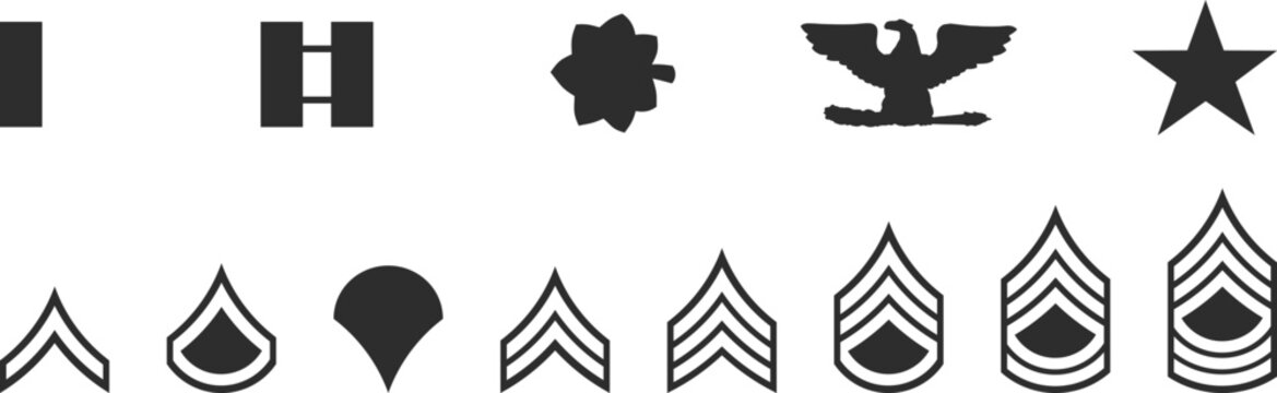 Set of icons of military ranks, icons of army ranks in the form of silhouettes in black.