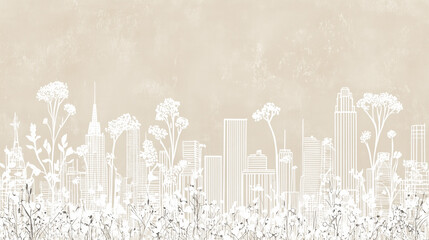 White ink line art illustration of New York City skyline with vintage floral motifs on beige linen-textured background, minimalist wildflower patterns in natural muted tones 