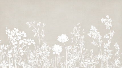 White ink line art illustration of New York City skyline with vintage floral motifs on beige linen-textured background, minimalist wildflower patterns in natural muted tones 