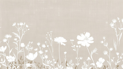 White ink line art illustration of New York City skyline with vintage floral motifs on beige linen-textured background, minimalist wildflower patterns in natural muted tones 