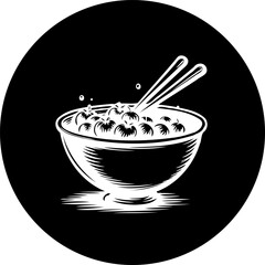 Stylized monochromatic illustration of a bowl containing spherical items and chopsticks