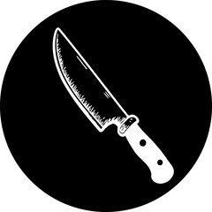 Monochrome culinary depiction featuring a chef's knife inside circular design