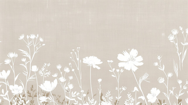 White ink line art illustration of New York City skyline with vintage floral motifs on beige linen-textured background, minimalist wildflower patterns in natural muted tones 