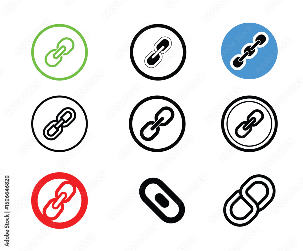 Poster collection of link chain icons diverse styles and colors for websites and applications. downloadable