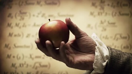 Hand holding red apple in front of mathematical equations, Newton's inspiration - Powered by Adobe