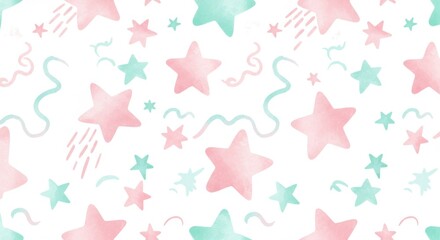 Dreamy starscape with pink  teal watercolor stars on a white backdrop