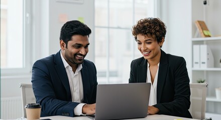 Obraz premium Two business professionals collaborating at a laptop in a bright office