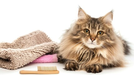Beautiful cute fluffy cat lying next to grooming brush and towels on neutral background