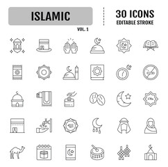 Islamic line icon set. Editable stroke. Vector illustration