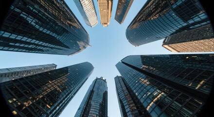 Urban skyscrapers rising towards a clear blue sky