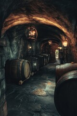 Aged Oak Barrels Lining the Row of a Rustic Wine Cave, Storing Fine Alcohol in a Cozy Cellar Atmosphere