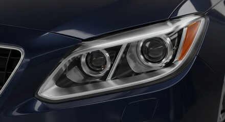 Close up of a blue car's headlight with silver trim and an orange signal light on the side of the car